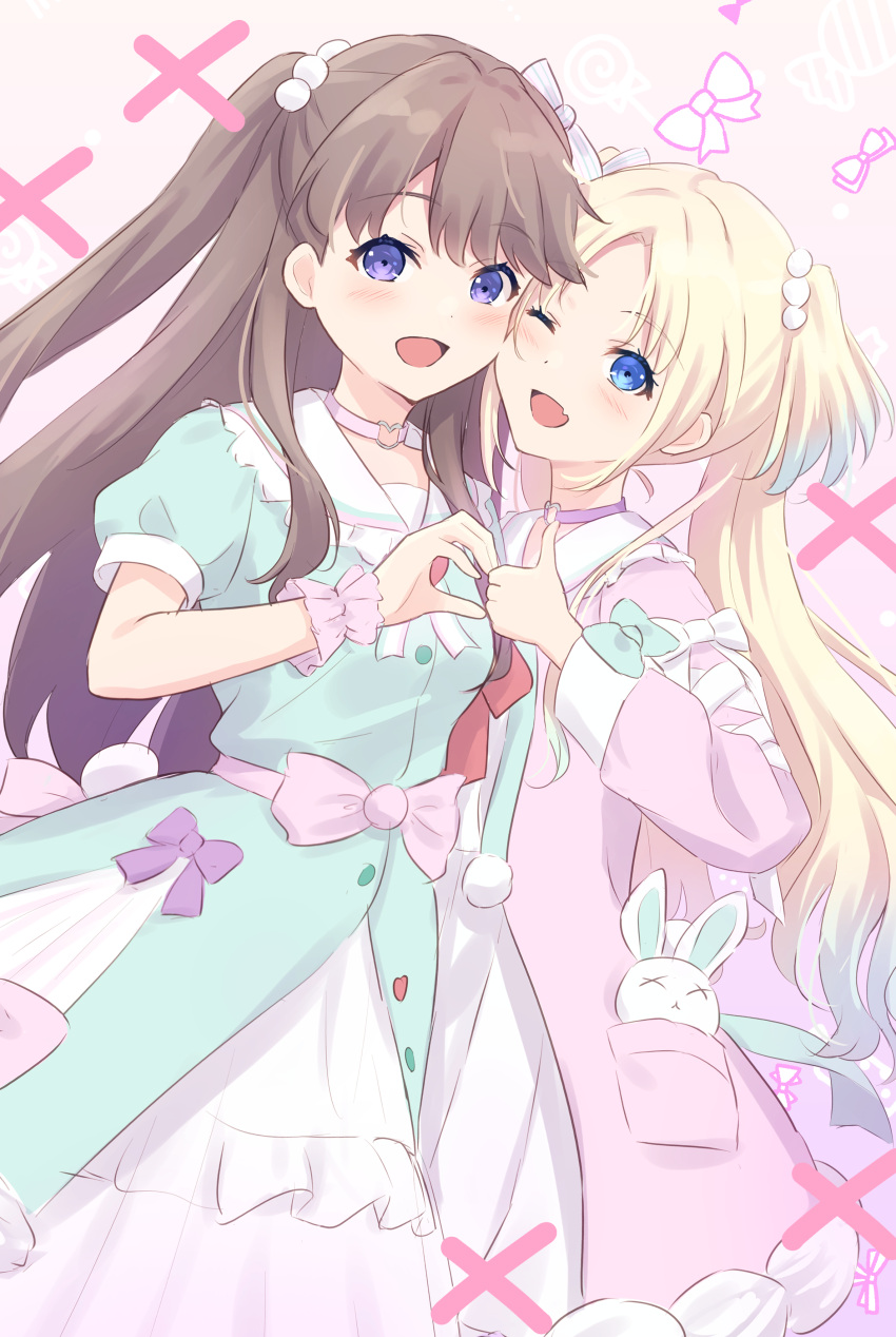 2girls :d ;d absurdres blonde_hair blue_eyes blue_hair bow brown_hair candy cheek-to-cheek choker commentary dress fang food food-themed_background frilled_dress frills fujishima_megumi gradient_hair green_dress hair_bobbles hair_ornament hair_ribbon hakuchu_a_la_mode_(love_live!) hand_up heads_together heart heart_choker heart_hands_failure heart_o-ring highres in_pocket light_blue_hair link!_like!_love_live! long_hair long_sleeves love_live! mira-cra_park! multicolored_clothes multicolored_dress multicolored_hair multiple_girls o-ring o-ring_choker official_alternate_costume one_eye_closed open_mouth osawa_rurino parted_bangs pink_background pink_choker pink_dress puffy_short_sleeves puffy_sleeves ribbon sailor_collar sailor_dress short_sleeves skin_fang smile stuffed_animal stuffed_rabbit stuffed_toy thumbs_up twintails two_side_up violet_eyes virtual_youtuber waist_bow white_dress white_ribbon white_sailor_collar x_x yutuki_ame