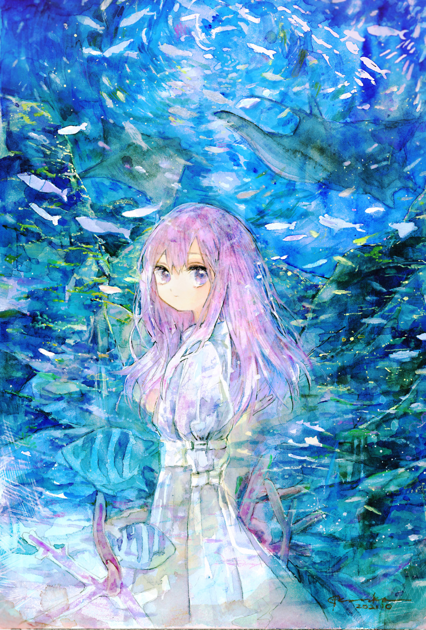 1girl dress fish from_side highres kazuka long_dress long_hair looking_at_viewer looking_to_the_side original painting_(medium) purple_hair solo stingray traditional_media violet_eyes watercolor_(medium) white_dress wide_sleeves