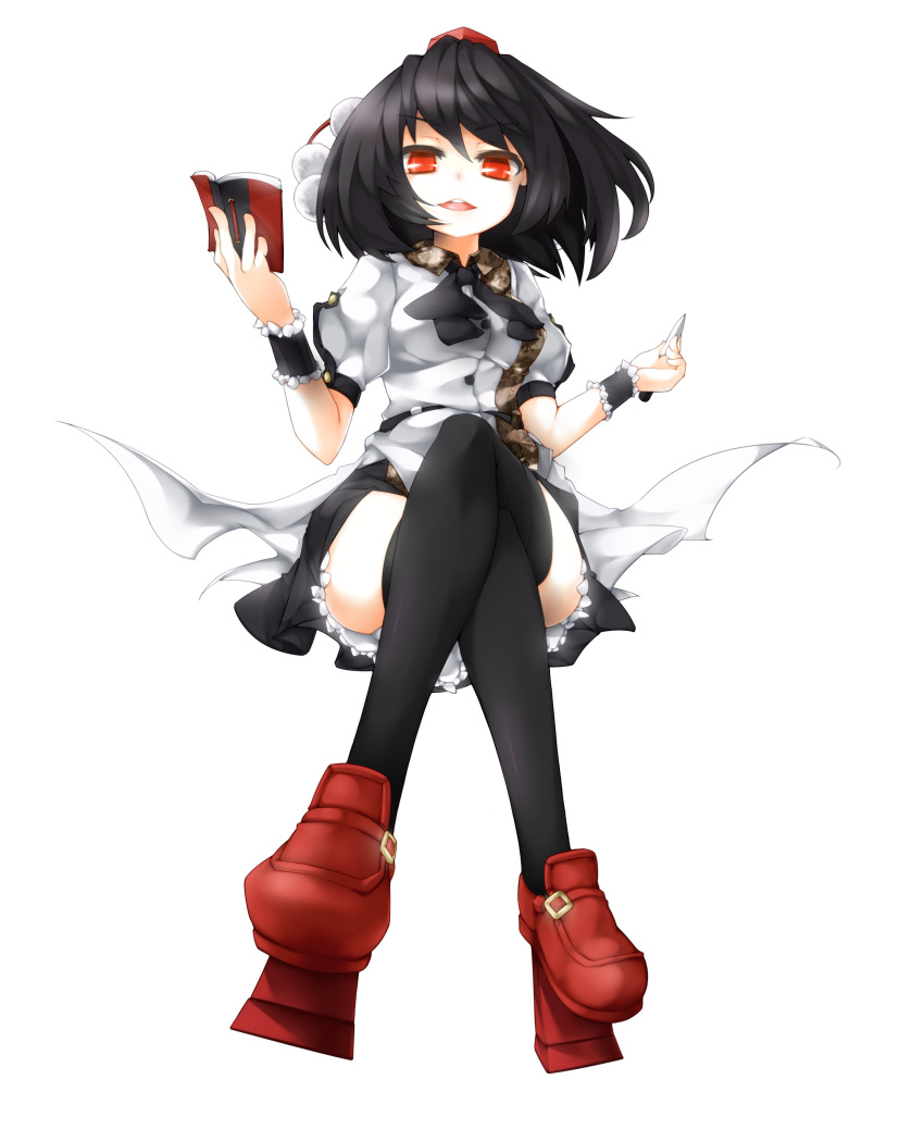 1girl absurdres black_hair black_skirt black_thighhighs commentary_request crossed_legs frilled_skirt frills full_body hat high_heels highres holding holding_notepad looking_at_viewer moritomoetomomi notepad open_mouth red_eyes red_footwear red_hat shameimaru_aya shirt short_hair short_sleeves sitting skirt solo teeth thigh-highs tokin_hat touhou upper_teeth_only white_shirt