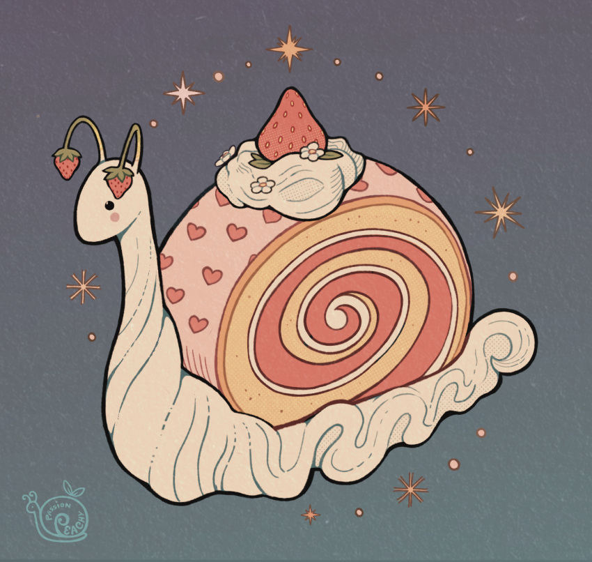 alt_text artist_name cake english_commentary food fruit grey_background highres no_humans original passionpeachy snail strawberry swiss_roll whipped_cream