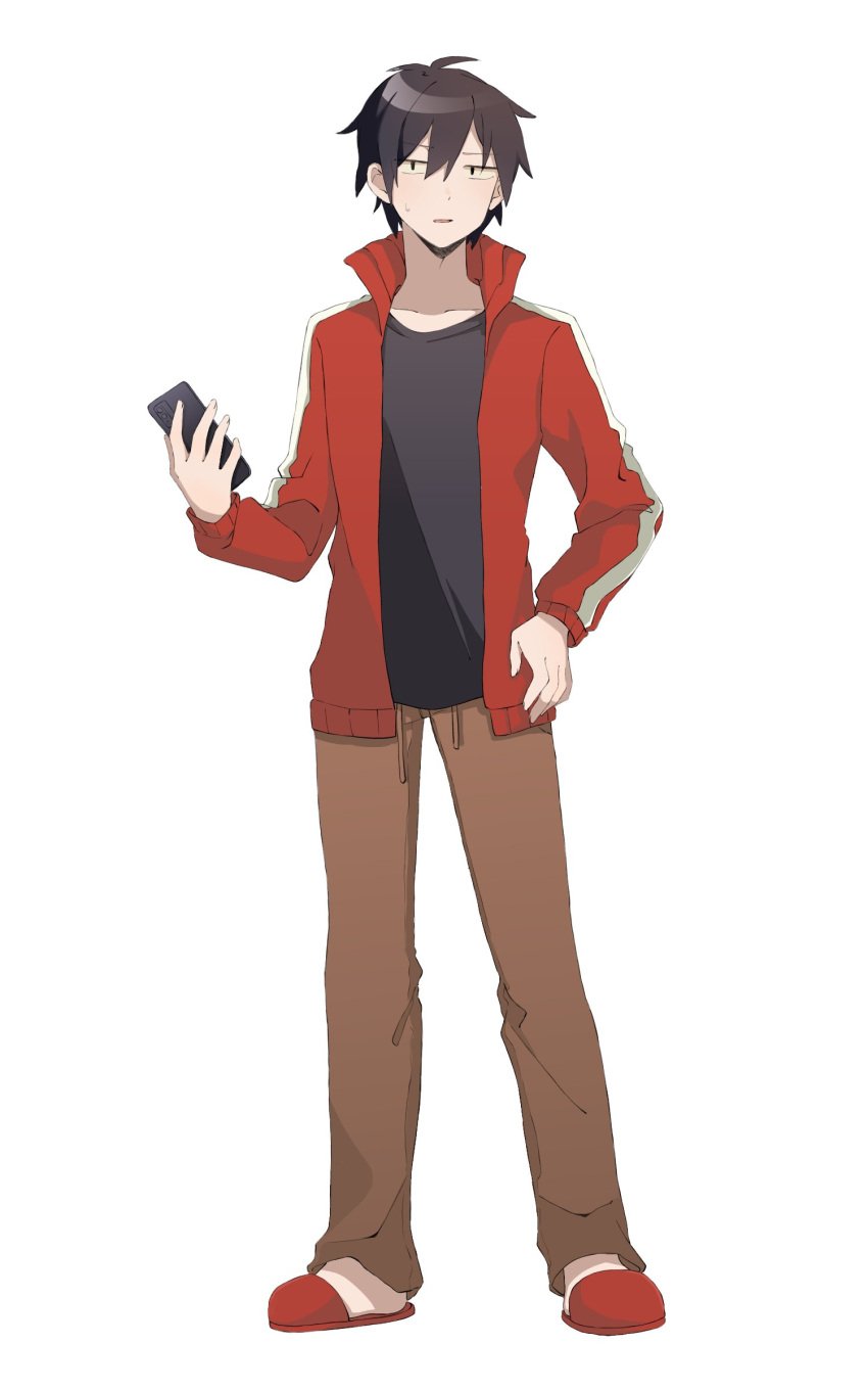 1boy absurdres black_eyes black_hair black_shirt brown_pants cellphone commentary drawstring full_body hair_between_eyes highres holding holding_phone jacket kagerou_project kisaragi_shintarou koyon long_sleeves male_focus open_clothes open_jacket open_mouth pants phone red_footwear red_jacket sandals shirt short_hair simple_background smartphone solo standing sweat t-shirt tachi-e track_jacket white_background