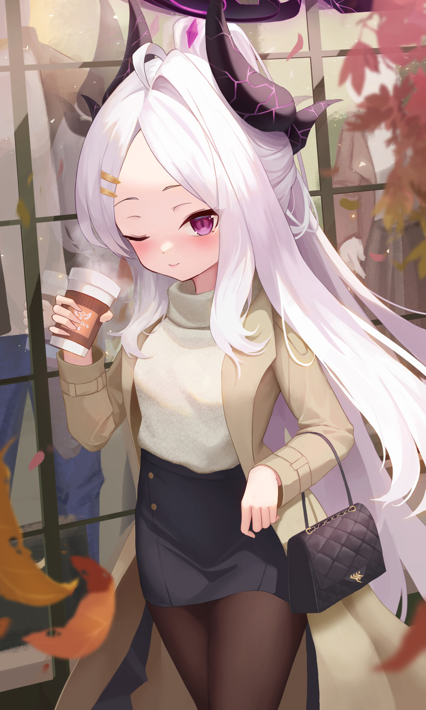 1girl ;) absurdres ahoge alternate_costume black_skirt blue_archive blush brown_coat brown_pantyhose casual coat cup demon_horns disposable_cup falling_leaves grey_hair halo highres hina_(blue_archive) holding holding_cup horns jixo_(user_nzhc8728) leaf long_sleeves looking_at_viewer mannequin one_eye_closed outdoors pantyhose parted_bangs round_eyewear skirt smile solo steam sweater violet_eyes white_sweater