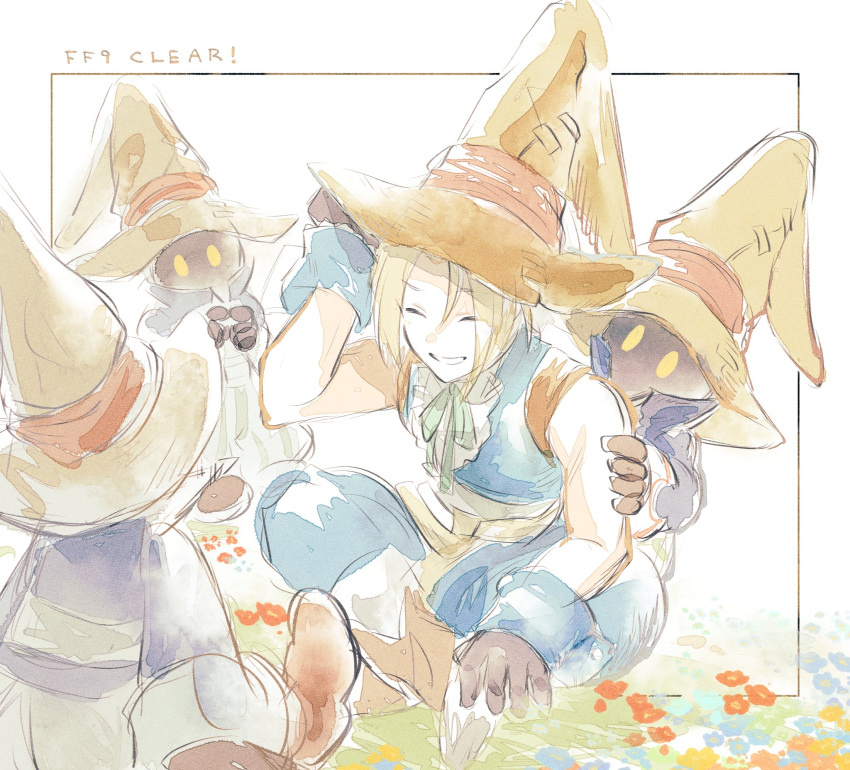 4boys adjusting_clothes adjusting_headwear ascot black_mage_(final_fantasy) blonde_hair blue_coat blue_pants blue_vest border brown_gloves cat_earth2 closed_eyes coat cropped_vest final_fantasy final_fantasy_ix gloves green_ribbon grin hand_on_another's_arm hat highres indian_style male_focus multiple_boys neck_ribbon pants parted_bangs ribbon sitting smile teeth vest vivi_ornitier white_ascot white_border wizard_hat wrist_cuffs yellow_eyes zidane_tribal