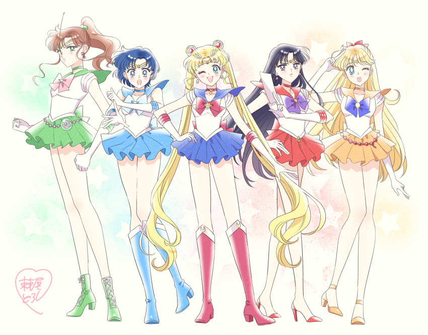 5girls :o ;d ;p aino_minako ankle_boots back_bow bare_legs between_fingers bishoujo_senshi_sailor_moon bishoujo_senshi_sailor_moon_(first_season) black_hair blonde_hair blue_bow blue_choker blue_eyes blue_footwear blue_hair blue_sailor_collar blue_skirt boots bow brooch brown_hair choker circlet clenched_hands crescent_choker curly_sidelocks double_bun earrings elbow_gloves flower_earrings gloves green_bow green_choker green_eyes green_footwear green_sailor_collar green_skirt hair_bobbles hair_bow hair_bun hair_ornament hairpin hand_on_own_hip high_heels high_ponytail highres hino_rei holding inner_senshi jewelry kino_makoto knee_boots knees_together_feet_apart legs_apart legs_together long_hair looking_at_viewer loveodoro magical_girl medium_hair miniskirt mizuno_ami multicolored_background multiple_girls official_style ofuda one_eye_closed orange_choker orange_footwear orange_sailor_collar orange_skirt pink_bow pleated_skirt purple_bow red_bow red_choker red_footwear red_sailor_collar red_skirt rose_belt_(sailor_moon) sailor_collar sailor_jupiter sailor_mars sailor_mercury sailor_moon sailor_senshi sailor_senshi_uniform sailor_venus shoes short_hair signature skirt smile star_(symbol) star_earrings starry_background strappy_heels takeuchi_naoko_(style) tongue tongue_out transformation_brooch_(sailor_moon) tsukino_usagi twintails venus_chain_(sailor_moon) violet_eyes white_gloves yellow_bow