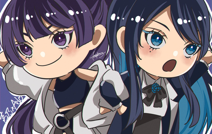 2girls ado_(utaite) arm_up black_bow black_bowtie black_hair black_shirt blue_background blue_brooch blue_eyes blue_hair bow bowtie chando_(ado) character_name chibi closed_mouth cloud_nine_inc colored_inner_hair commentary_request company_connection cowboy_shot crop_top flower_brooch highres jacket keeko_(kk_0012) locked_arms long_hair mole mole_under_eye multicolored_hair multiple_girls open_clothes open_jacket open_mouth outline ponytail shirt sidelocks signature sleeveless sleeveless_shirt smile translated two-tone_hair utaite violet_eyes white_jacket white_outline white_shirt yoshino_(utaite)