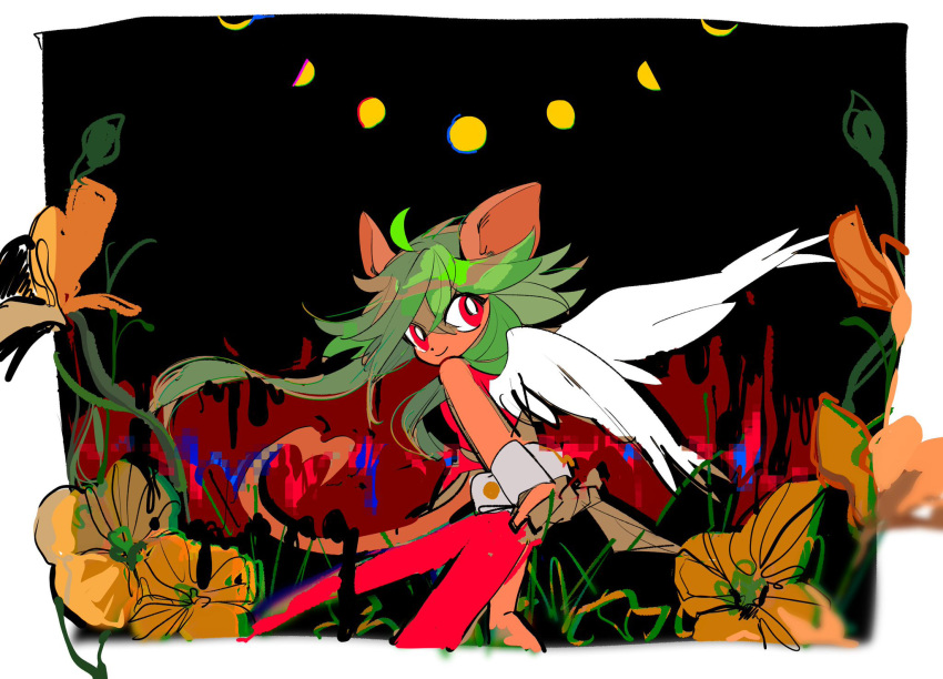 1girl ahoge animal_ears arms_behind_back black_background border buttoned_cuffs commentary_request crescent dress feathered_wings flower grass green_hair hair_between_eyes half_moon heart heart_tail highres looking_at_viewer looking_back mad_rat_dead mochako_(girugarudo8) moon mouse_ears mouse_girl mouse_tail pixelated plant rat_god_(mad_rat_dead) red_dress red_eyes sidelocks smile tail white_border white_wrist_cuffs wings wrist_cuffs yellow_flower