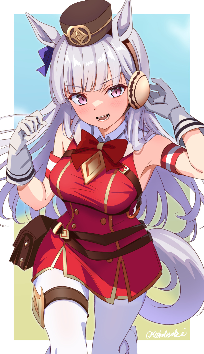 1girl :d absurdres animal_ears blunt_bangs blush border bow bowtie breasts buttons commentary_request double-breasted dress ear_bow gold_ship_(umamusume) green_background grey_hair highres horse_ears horse_girl horse_tail large_breasts long_hair looking_at_viewer making-of_available paid_reward_available pantyhose partial_commentary pillbox_hat purple_bow red_bow red_bowtie simple_background sleeveless sleeveless_dress smile solo tail toketa-sekai twitter_username umamusume violet_eyes white_border white_pantyhose