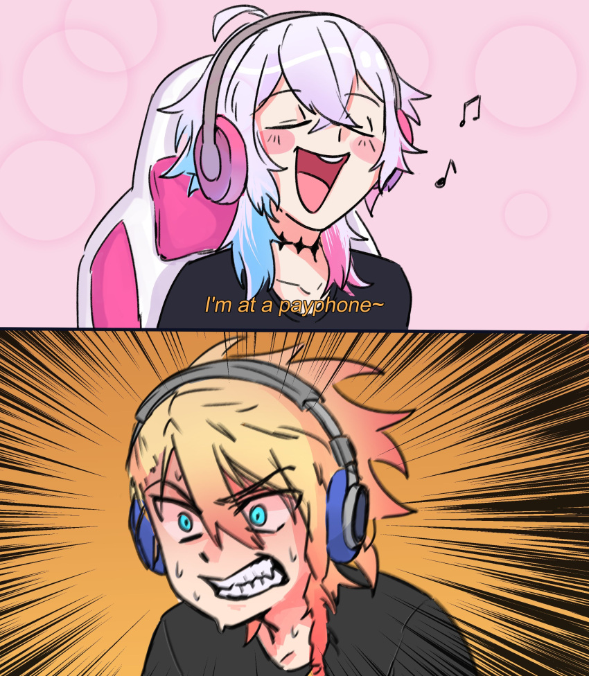 2boys absurdres ahoge axel_syrios black_shirt blonde_hair blue_eyes blue_hair blush chair clenched_teeth closed_eyes diamond_choker english_commentary english_text gaming_chair gavis_bettel glowing glowing_eyes grey_hair hair_between_eyes headphones highres holostars holostars_english male_focus meme motion_lines multicolored_hair multiple_boys musical_note open_mouth pewpawpo pink_hair redhead shirt short_hair subtitled sweat swivel_chair teeth two-tone_hair virtual_youtuber wide-eyed zoom_layer