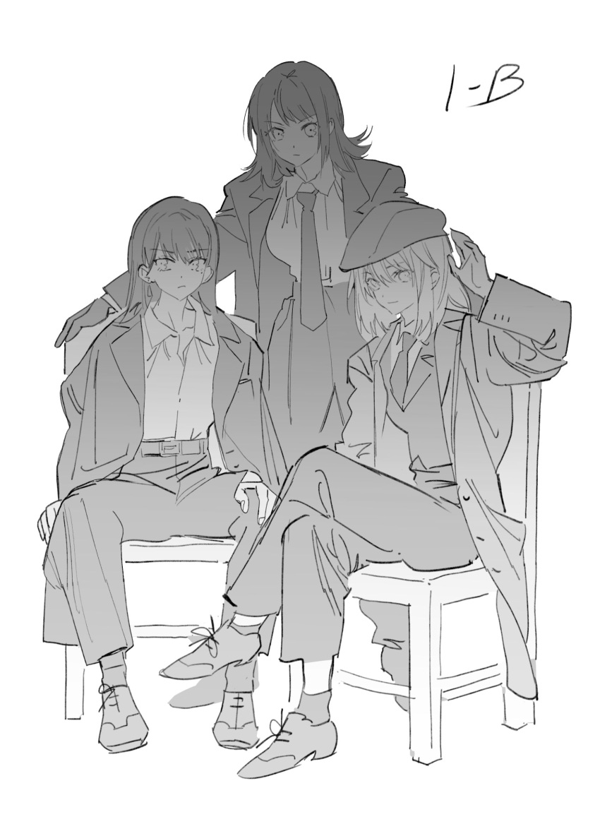 3girls bang_dream! bang_dream!_it's_mygo!!!!! belt chair closed_mouth coat collared_shirt commentary crossed_legs english_commentary expressionless full_body gloves greyscale hand_up highres long_hair long_sleeves looking_at_viewer medium_hair misumi_uika monochrome multiple_girls necktie pants rain_(onepearblow) shiina_taki shirt shoes sitting smile waving yahata_umiri