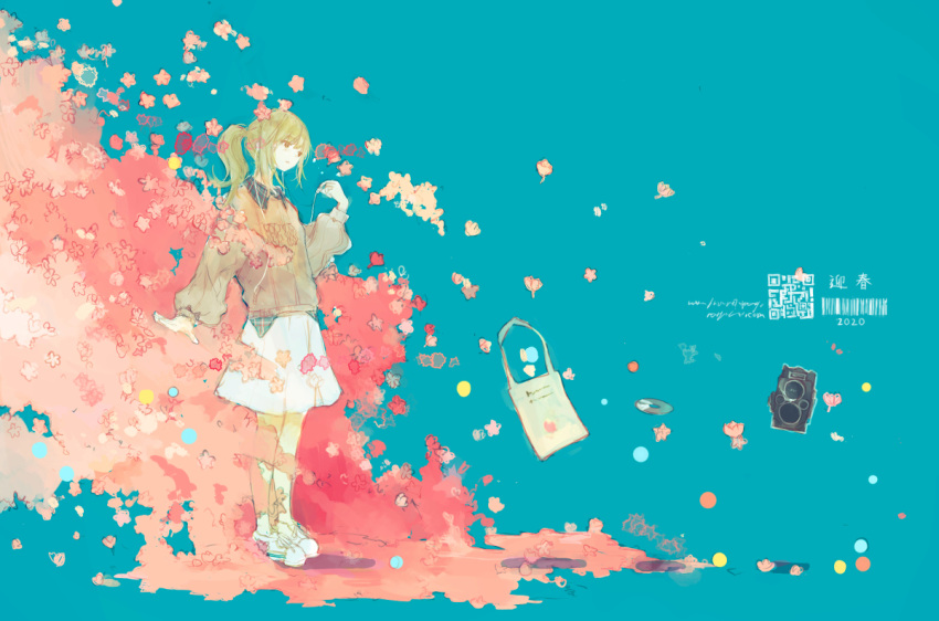 1girl 2020 bag barcode blue_background camera cd cherry_blossoms closed_mouth commentary_request dots earphones flower full_body green_hair holding holding_earphones long_hair long_sleeves nengajou new_year original petals pink_flower ponytail puffy_long_sleeves puffy_sleeves qr_code shirt shoes single_earphone_removed skirt sneakers socks solo speaker standing sweater white_footwear white_skirt yori_(f2_ef7)