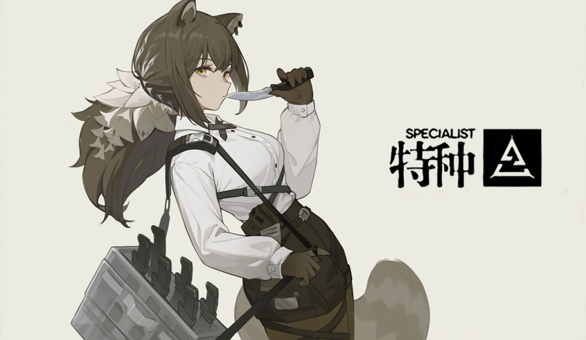 1girl animal_ear_piercing animal_ears arknights bag black_shorts breasts brown_hair character_name chest_harness collared_shirt cowboy_shot cross_tie dutch_angle ear_piercing freckles from_side gloves grey_background hand_up harness holding holding_knife karoro knife long_hair long_sleeves looking_at_viewer looking_to_the_side medium_breasts multicolored_hair pantyhose pantyhose_under_shorts piercing ponytail raccoon_ears raccoon_girl raccoon_tail robin_(arknights) shirt shorts sideways_glance simple_background solo tail white_hair white_shirt yellow_eyes