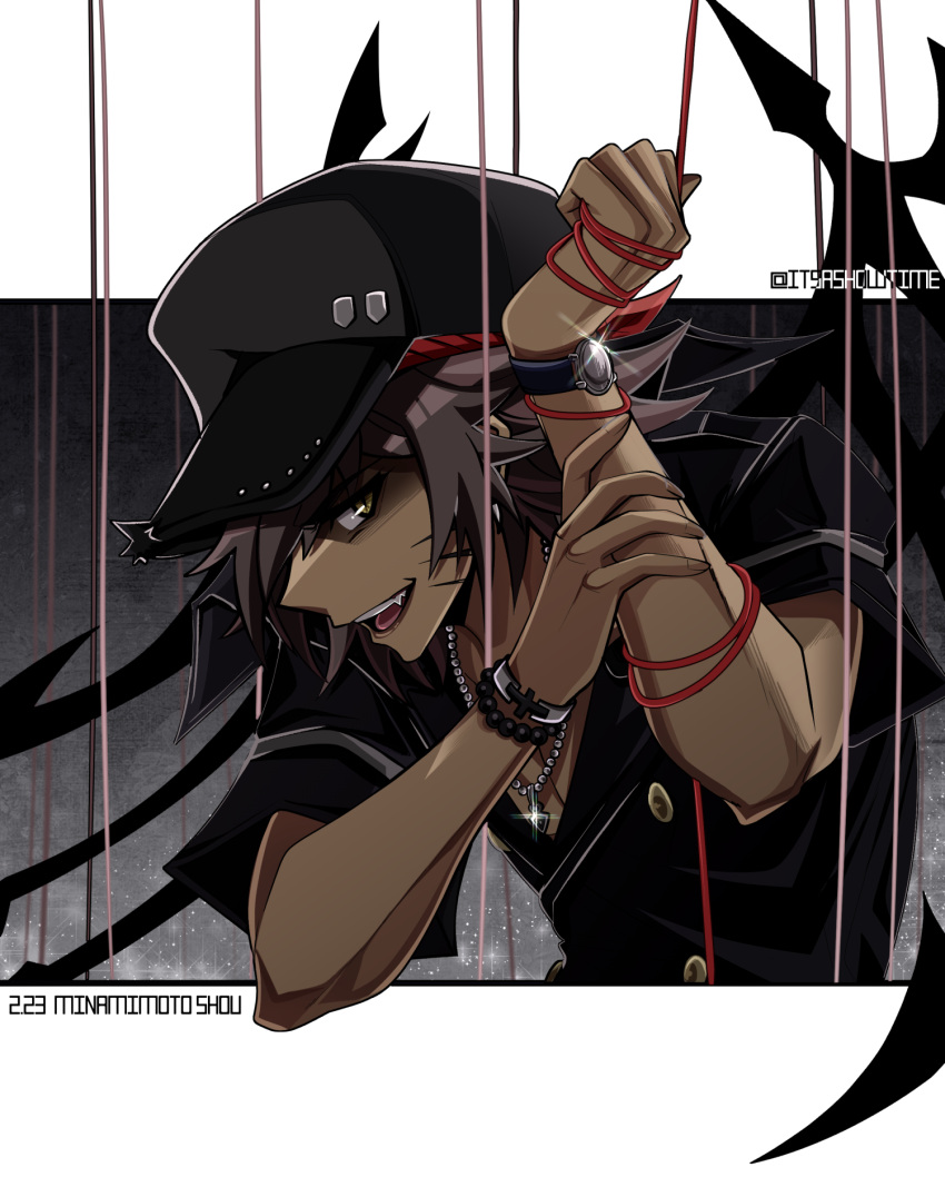 1boy arm_up bead_bracelet beads black_headwear bracelet character_name cross cross_necklace dark-skinned_male dark_skin dated deathtee english_commentary fangs grey_hair hair_between_eyes hat highres jewelry looking_at_viewer male_focus minamimoto_shou necklace open_mouth short_hair slit_pupils smile solo spiky_hair subarashiki_kono_sekai twitter_username upper_body watch watch wire yellow_eyes