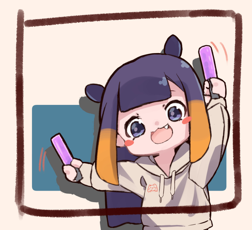 1girl animal_ears black_hair blunt_bangs blush blush_stickers border center-flap_bangs chibi chibi_only commentary double-parted_bangs elun_(elun_00) english_commentary fang grey_hoodie holding_glowstick hololive hololive_english hood hoodie long_hair looking_at_viewer mole mole_under_eye ninomae_ina'nis open_mouth orange_hair sidelocks solo tentacle_hair upper_body very_long_hair virtual_youtuber