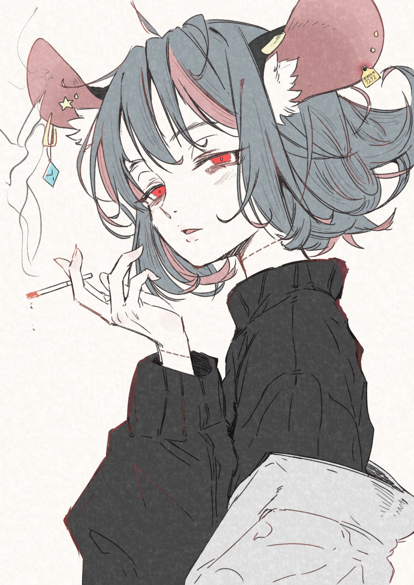 1girl animal_ears black_sweater blush cigarette deal360acv earrings grey_hair highres holding holding_cigarette jewelry long_sleeves looking_at_viewer mouse_ears multicolored_hair nazrin open_mouth pink_hair red_eyes short_hair simple_background solo streaked_hair sweater touhou white_background