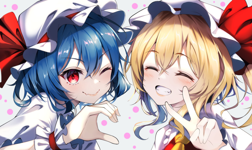 2girls ;) ^_^ blonde_hair blush close-up closed_eyes closed_mouth commentary_request crossed_bangs eyelashes facing_viewer fang flandre_scarlet grin hat hat_ribbon heart_hands_failure highres lips looking_at_viewer medium_hair mob_cap multiple_girls one_eye_closed one_side_up red_eyes red_ribbon remilia_scarlet ribbon short_hair short_sleeves siblings sidelocks simple_background sisters skin_fang smile touhou tsurime upper_body v white_background white_hat wrist_cuffs yamanakaume