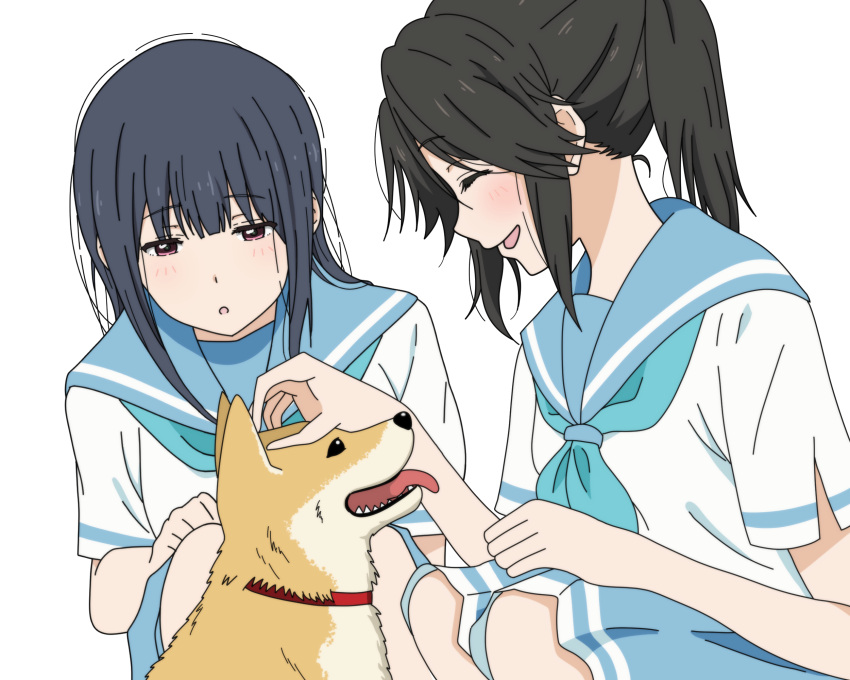 2girls :o black_hair blue_hair blue_neckerchief blue_sailor_collar blue_skirt blush closed_eyes commentary_request dog hibike!_euphonium highres kasaki_nozomi kitauji_high_school_uniform liz_to_aoi_tori long_hair looking_at_another motomati multiple_girls neckerchief open_mouth parted_lips petting pleated_skirt ponytail red_eyes sailor_collar school_uniform serafuku shiba_inu shirt short_sleeves simple_background skirt smile squatting white_background white_shirt yoroizuka_mizore