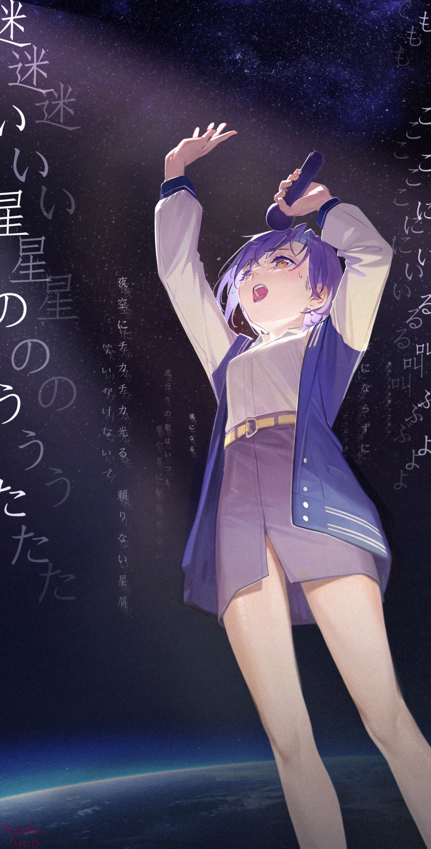 1girl absurdres arms_up bang_dream! bang_dream!_it's_mygo!!!!! blue_jacket brown_eyes chinese_commentary collared_shirt commentary_request earth_(planet) feet_out_of_frame grey_skirt highres holding holding_microphone jacket microphone music open_clothes open_jacket open_mouth pencil_skirt planet purple_hair ryuukou_(1258698157) shirt shirt_tucked_in short_hair singing skirt sky solo space star_(sky) starry_sky takamatsu_tomori tears translation_request white_shirt white_sleeves