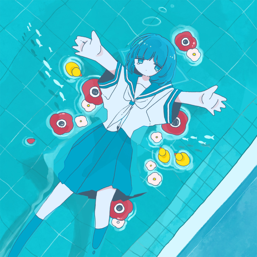 1girl absurdres afloat air_bubble anemone_(flower) blue_eyes blue_hair blue_sailor_collar blue_skirt blue_thighhighs bubble closed_mouth dot_mouth feet_out_of_frame fish flower from_above highres long_bangs looking_at_viewer medium_hair miniskirt neckerchief open_hands original outstretched_arms pleated_skirt pool reaching red_flower rubber_duck sailor_collar school_uniform serafuku shirt short_sleeves skirt solo sskitaco thigh-highs water white_neckerchief white_shirt zettai_ryouiki