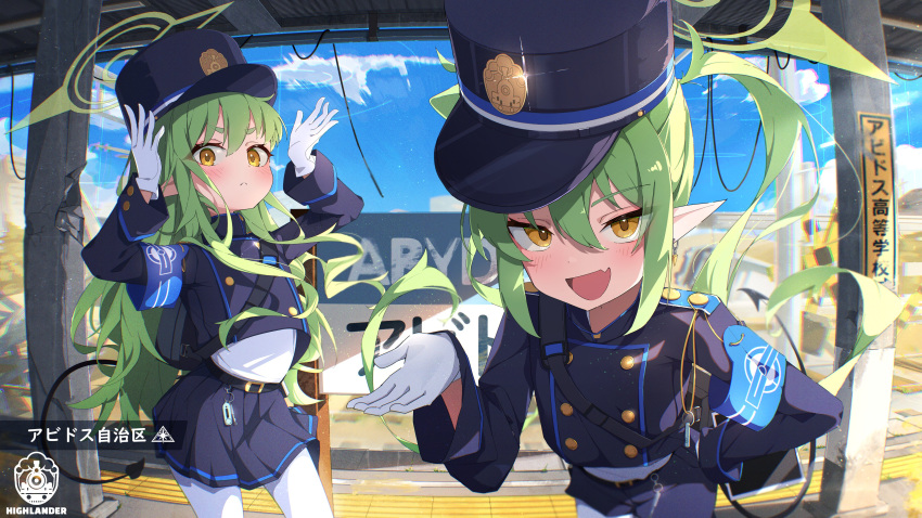 2girls absurdres armband blue_archive blue_armband blue_sky blush buttons clouds commentary day demon_tail double-breasted fang gloves green_hair green_halo halo hand_on_own_hip hat highres hikari_(blue_archive) long_hair long_sleeves looking_at_viewer miniskirt multiple_girls nozomi_(blue_archive) outdoors pantyhose shako_cap skin_fang skirt sky smile spice_mega tail train_station_platform translation_request tsurime whistle white_gloves white_pantyhose yellow_eyes