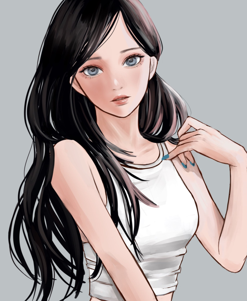 1girl bare_shoulders black_hair blue_nails collarbone commentary crop_top grey_background grey_eyes highres komadakoma1 long_hair looking_at_viewer midriff nail_polish original parted_lips simple_background solo tank_top white_tank_top