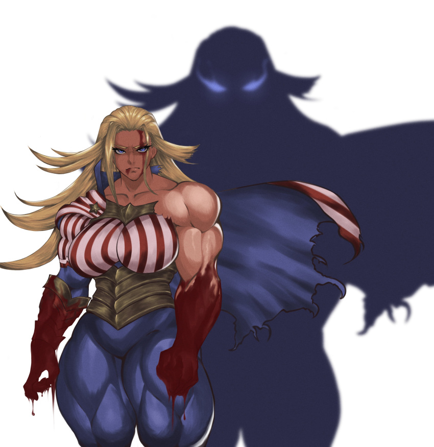 absurdres blonde_hair blood blood_on_arm blood_on_face boku_no_hero_academia cape glowing glowing_eyes highres milka01477 muscular muscular_female shadow star_and_stripe_(boku_no_hero_academia)