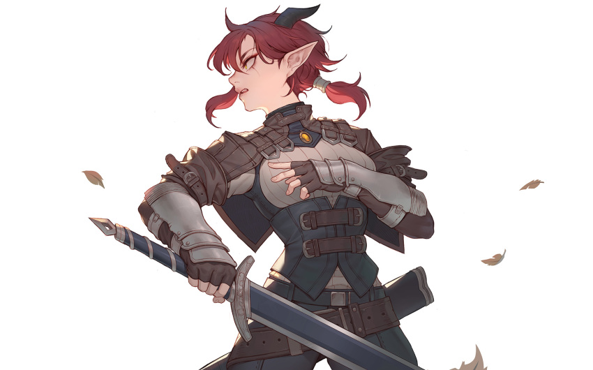 1girl black_horns blue_collar breasts buckle collar cowboy_shot dpin_(user_adhr8855) dragon_girl dragon_horns highres holding holding_sword holding_weapon horns large_breasts leather_belt looking_to_the_side original parted_lips pink_lips pointy_ears redhead sheath silka_(dpin) solo sword teeth unsheathed upper_teeth_only weapon white_background yellow_eyes