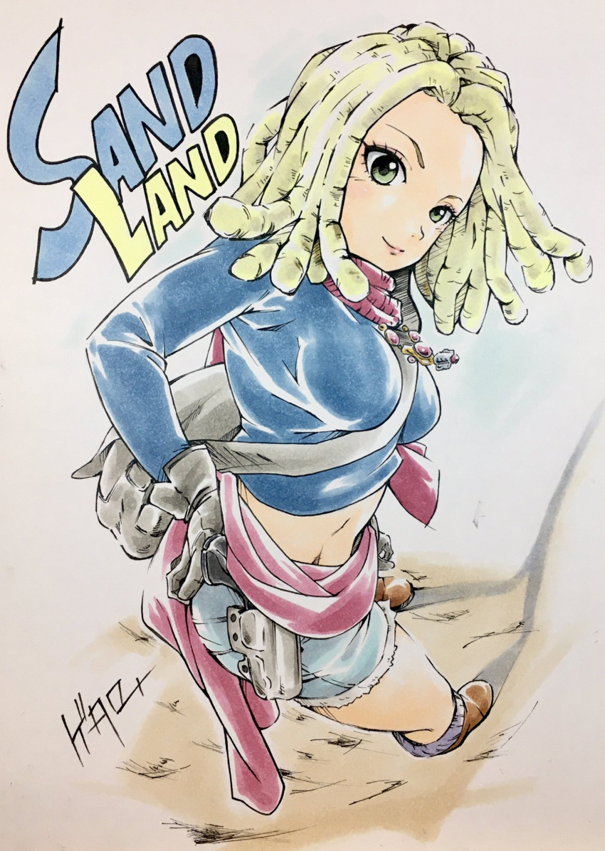 1girl @o_ro_ro_n24 anne_(sand_land) artist_request backpack bad_link bag black_gloves blonde_hair braid breasts copyright_name english_text full_body gloves green_eyes gun highres jewelry light_smile long_hair long_sleeves looking_at_viewer midriff necklace sand_land scarf shorts smile solo weapon