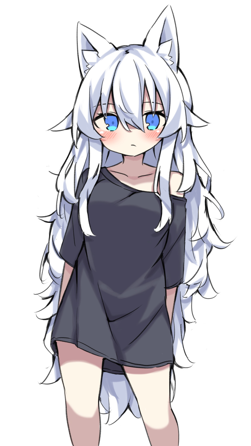 1girl absurdres animal_ear_fluff animal_ears black_shirt blue_eyes breasts closed_mouth expressionless highres long_hair medium_breasts no_pants off_shoulder original oversized_clothes oversized_shirt shiren_(utumu) shirt short_sleeves single_bare_shoulder very_long_hair white_background white_hair
