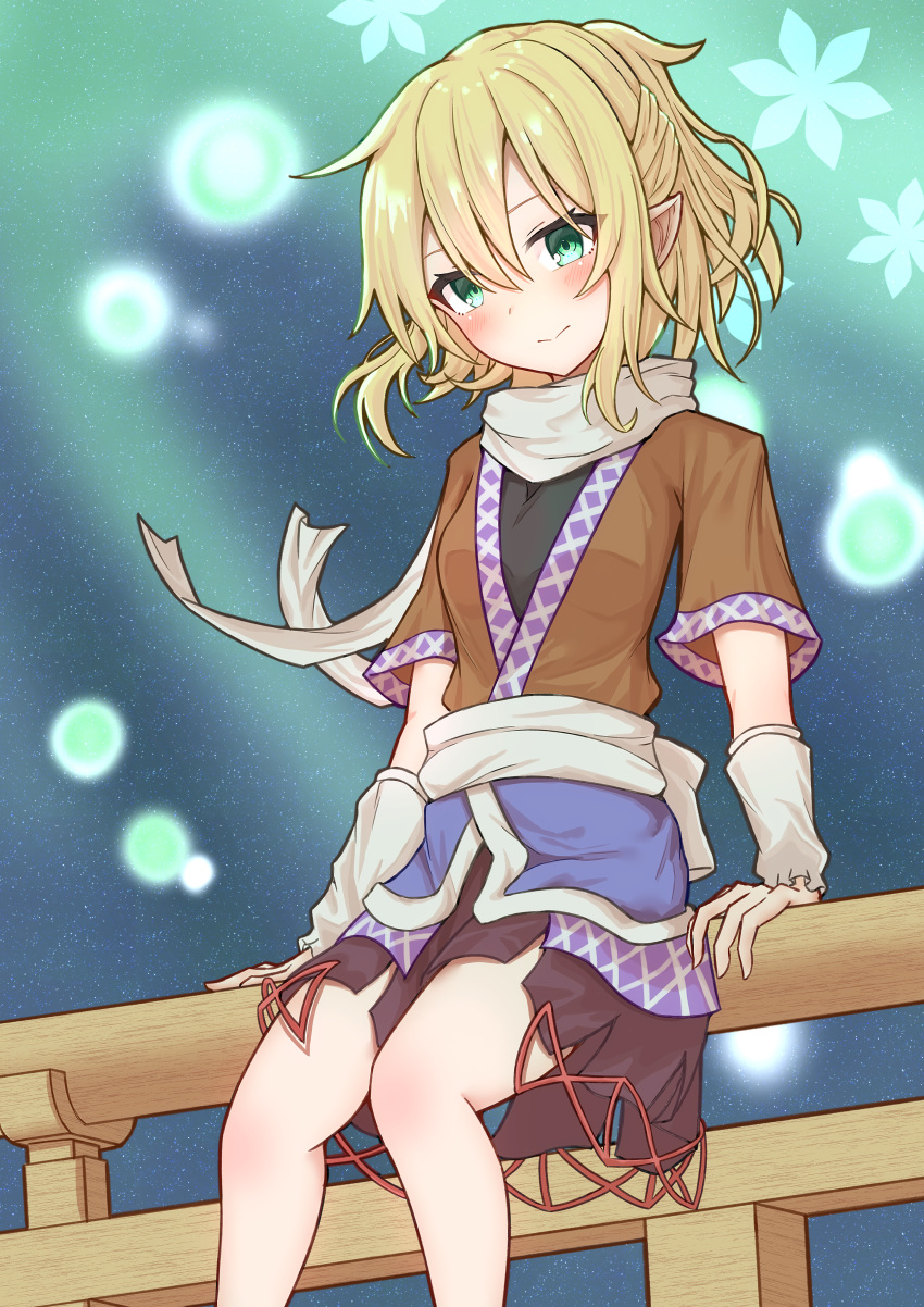 1girl absurdres arm_warmers baruka=gacha black_shirt black_skirt blonde_hair blush breasts brown_shirt closed_mouth commentary_request feet_out_of_frame floral_background green_eyes hair_between_eyes half_updo highres long_bangs looking_at_viewer mizuhashi_parsee on_railing parsee_day pointy_ears railing sash scarf shirt short_hair short_ponytail short_sleeves sitting skirt sky small_breasts smile solo star_(sky) starry_sky touhou undershirt white_sash white_scarf
