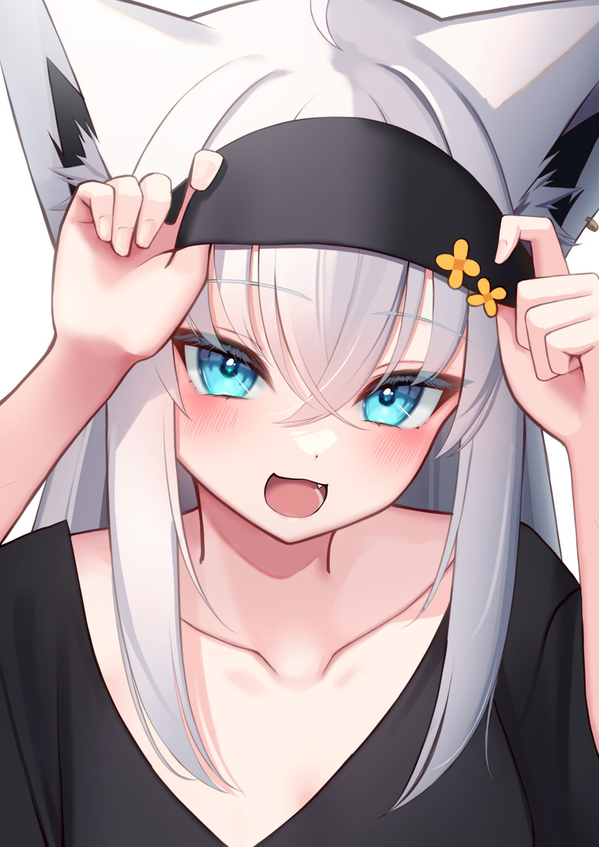 1girl :d absurdres adjusting_clothes adjusting_headwear ahoge animal_ear_fluff animal_ears arms_up black_hairband black_shirt blue_eyes blush commentary_request earrings fang fox_ears fox_girl hairband highres hololive jewelry looking_at_viewer official_alternate_costume open_mouth shin_insh shirakami_fubuki shirakami_fubuki_(loungewear) shirt sidelocks simple_background single_earring smile solo t-shirt virtual_youtuber white_background
