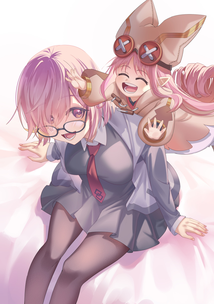 2girls absurdres bag baggy_clothes baggy_pants breasts button_eyes buttons chaldea_uniform closed_eyes coat collared_shirt dress fate/grand_order fate_(series) glasses habetrot_(fate) hair_over_one_eye hat highres jacket long_hair long_sleeves mash_kyrielight medium_breasts multiple_girls necktie open_clothes open_jacket open_mouth pants pantyhose pink_coat pink_hair pointy_ears purple_hair satchel shirt short_hair sitting smile spool two-tone_dress violet_eyes zero_yee