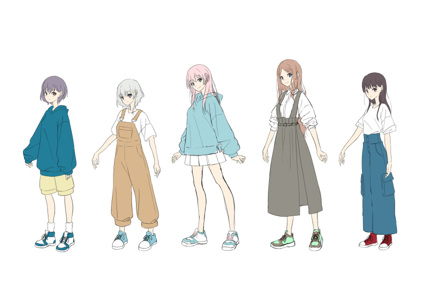 5girls absurdres bang_dream! bang_dream!_it's_mygo!!!!! bare_legs blue_eyes blue_footwear blue_hoodie blue_pants brown_hair brown_overalls chihaya_anon closed_mouth commentary_request dress full_body grey_dress grey_eyes grey_hair highres hood hoodie kaname_raana long_hair long_sleeves looking_at_viewer mole mole_under_eye multiple_girls mygo!!!!!_(bang_dream!) nagasaki_soyo overalls pants pinafore_dress pink_hair pleated_skirt red_eyes red_footwear shiina_taki shirt shoes short_hair short_sleeves shorts shu_atelier simple_background skirt sleeveless sleeveless_dress sleeves_past_wrists sleeves_rolled_up smile sneakers takamatsu_tomori violet_eyes white_background white_hair white_shirt white_skirt yellow_shorts