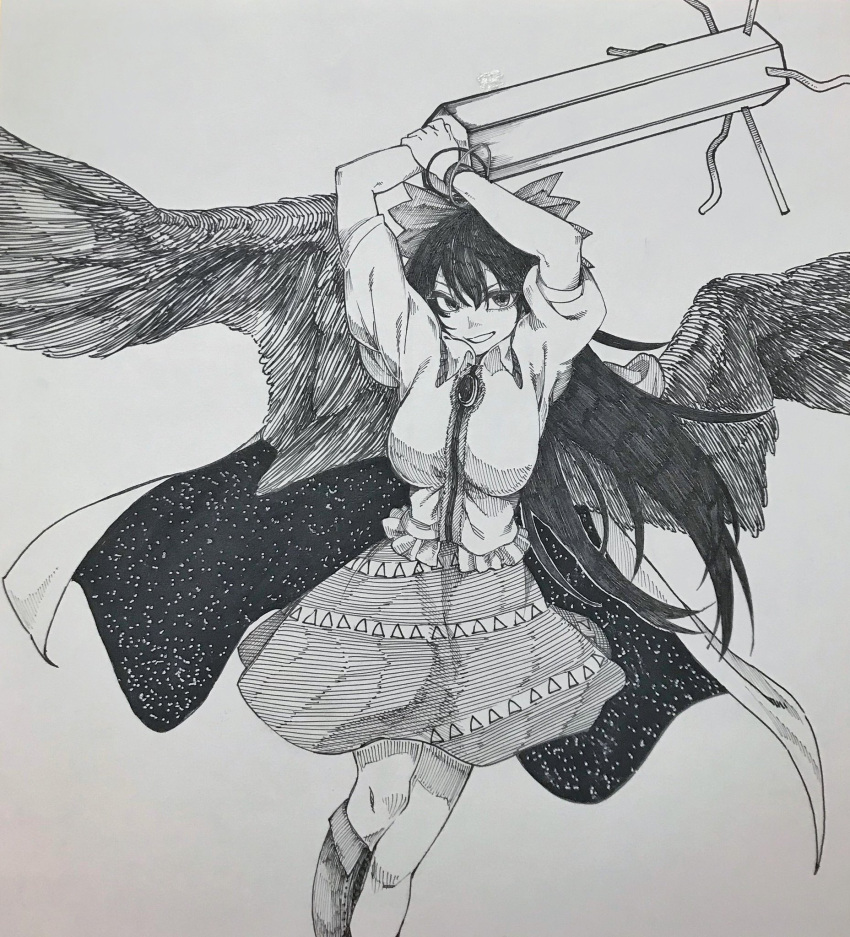 1girl arm_cannon arms_up bird_wings bow breasts cape collared_shirt commentary_request control_rod feet_out_of_frame fold-over_boots frilled_shirt frills graphite_(medium) greyscale grin hair_bow highres large_breasts long_hair looking_at_viewer medium_bangs monochrome ozma_(yozakura) print_cape puffy_short_sleeves puffy_sleeves reiuji_utsuho shirt short_sleeves simple_background skirt smile solo starry_sky_print third_eye touhou traditional_media weapon wings