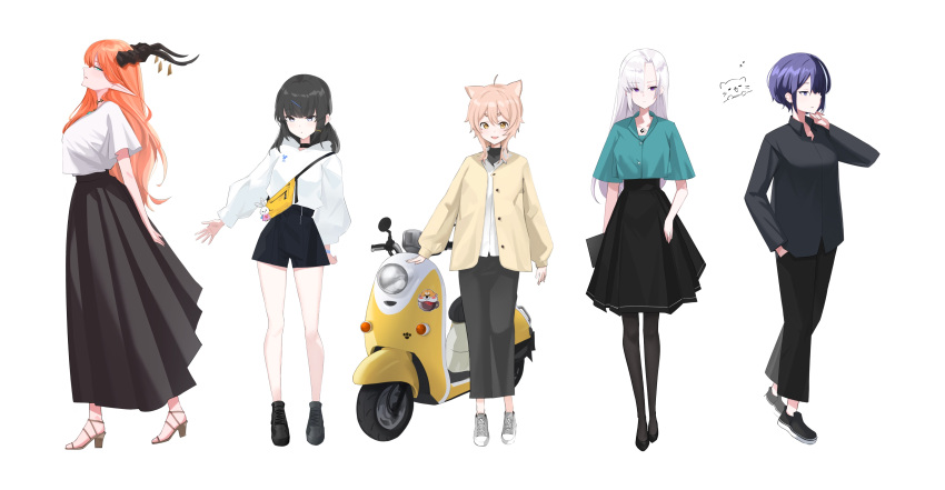 5girls :d absurdres ahoge animal_ear_fluff animal_ears arm_at_side bag bag_charm black_choker black_footwear black_hair black_pants black_pantyhose black_shirt black_shorts black_skirt blue_wristband blunt_bangs blush breasts brown_footwear buttons cardigan cat_ears cat_girl character_request charm_(object) choker closed_mouth collared_shirt commentary cropped_shirt cross-laced_footwear curled_fingers curtained_hair doodle_inset double-parted_bangs dress_shirt english_commentary eyelashes eyes_visible_through_hair fang from_side full_body green_eyes green_shirt grey_footwear hair_between_eyes hair_ornament hair_over_one_eye hairpin hand_in_pocket heart high-waist_skirt high_heels highres hood hood_down hoodie horns jimo_0074 light_blush light_brown_hair long_bangs long_hair long_skirt long_sleeves looking_at_viewer looking_to_the_side medium_hair mole mole_under_eye motor_vehicle multiple_girls multiple_hairpins one_eye_covered open_hand open_mouth orange_hair original outstretched_arm outstretched_hand pants pantyhose parted_lips pencil_skirt pleated_skirt pointy_ears polka_dot print_hoodie profile purple_hair rabbit_charm scooter see-through_silhouette shiba_inu shirt shoes short_eyebrows short_hair short_shorts short_sleeves shorts shoulder_bag sidelocks sideways_glance simple_background skirt sleeves_past_wrists smile sneakers standing sticker straight-on strappy_heels swept_bangs thick_eyebrows thighs three_quarter_view very_long_hair violet_eyes white_background white_hair white_hoodie white_shirt yellow_bag yellow_cardigan yellow_eyes zipper_pull_tab