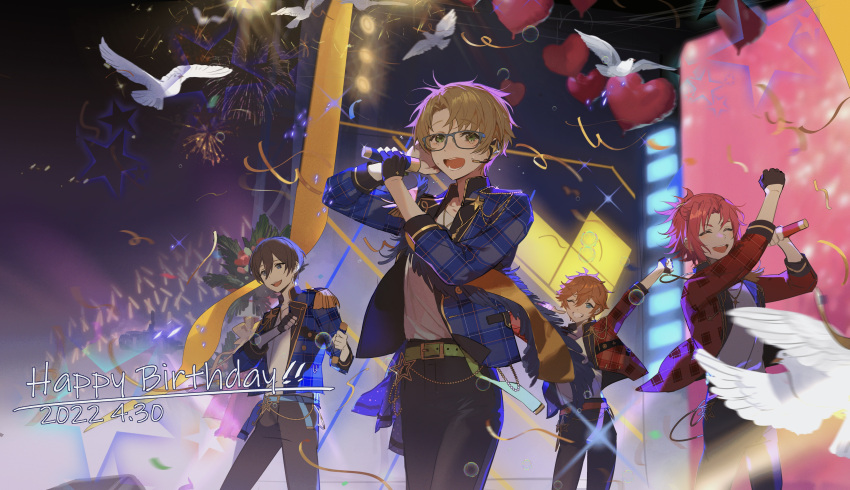 4boys ^_^ absurdres akehoshi_subaru arm_up balloon belt belt_buckle bird black_collar black_gloves black_pants blonde_hair blue-framed_eyewear blue_belt blue_eyes blue_jacket blue_sleeves brooch brown_hair buckle buttons cable clenched_hand closed_eyes coattails collar collared_jacket commentary confetti cowboy_shot dated denim dove english_commentary english_text ensemble_stars! epaulettes fingerless_gloves fireworks glasses gloves glowstick green_belt grin hair_between_eyes hand_on_own_chest hand_on_own_head happy_birthday heart_balloon hidaka_hokuto high-waist_pants highres holding holding_microphone idol isara_mao jacket jeans jewelry lapels leather leather_pants long_sleeves male_focus microphone multiple_boys music night one_eye_closed open_clothes open_jacket open_mouth outstretched_arm pants parted_bangs penlight_(glowstick) plaid plaid_jacket plaid_sleeves red_belt red_jacket red_sleeves redhead shirt short_hair short_ponytail singing single_fingerless_glove smile stage star_(symbol) star_brooch teeth trickstar_(ensemble_stars!) upper_teeth_only white_shirt xianchong_shi yuuki_makoto_(ensemble_stars!)