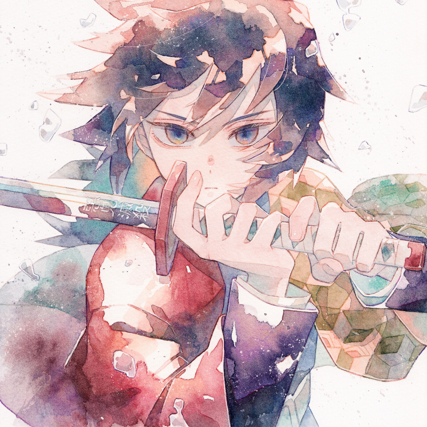 1boy black_hair blue_eyes closed_mouth commentary_request demon_slayer_uniform hands_up highres holding holding_sword holding_weapon jacket japanese_clothes kimetsu_no_yaiba long_sleeves male_focus oharu-chan painting_(medium) solo sword sword_writing tomioka_giyuu traditional_media upper_body watercolor_(medium) weapon white_background