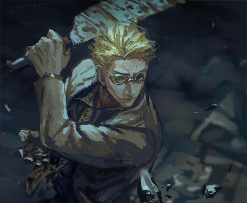 1boy animal_print blonde_hair collared_shirt goggles holding holding_knife holding_weapon jujutsu_kaisen knife long_sleeves male_focus nanami_kento necktie shirt short_hair solo standing suit upper_body watch watch weapon yellow_necktie zztzza
