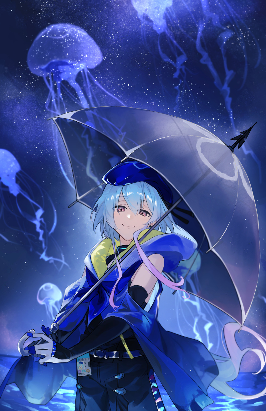 1boy absurdres arknights beret black_gloves black_pants black_shirt blue_cape blue_hair blue_hat cape clothing_cutout commentary_request cowboy_shot elbow_gloves gloves gradient_hair hat highres holding holding_umbrella hood hooded_cape id_card infection_monitor_(arknights) jellyfish light_blue_hair long_hair looking_at_viewer male_focus mizuki_(arknights) multicolored_hair night night_sky ocean outdoors pants pink_eyes pink_hair shirt shoulder_cutout sky smile solo star_(sky) starry_sky umbrella white_gloves yakota_(usuk-yako)