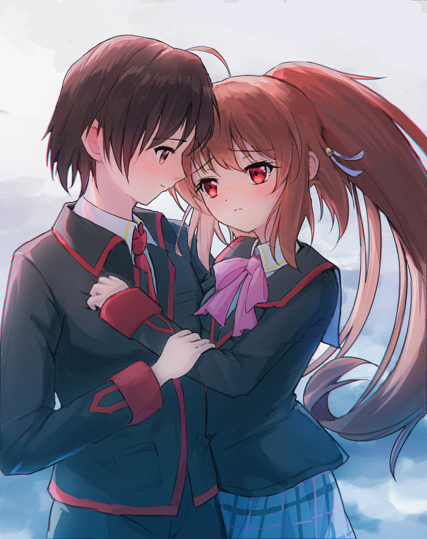 1boy 1girl ahoge arm_grab black_hair black_jacket blush bow brown_hair closed_mouth collared_shirt couple cowboy_shot eye_contact eyelashes furrowed_brow grabbing_another's_arm grey_background grey_skirt hair_between_eyes hair_ribbon hand_on_another's_chest hetero highres hug jacket little_busters! little_busters!_school_uniform long_hair long_sleeves looking_at_another naoe_riki natsume_rin necktie nose_blush pink_bow plaid plaid_skirt ponytail profile red_eyes red_necktie ribbon school_uniform shiki_hamaguri shirt short_hair shy simple_background skirt smile split_mouth very_long_hair white_ribbon white_shirt