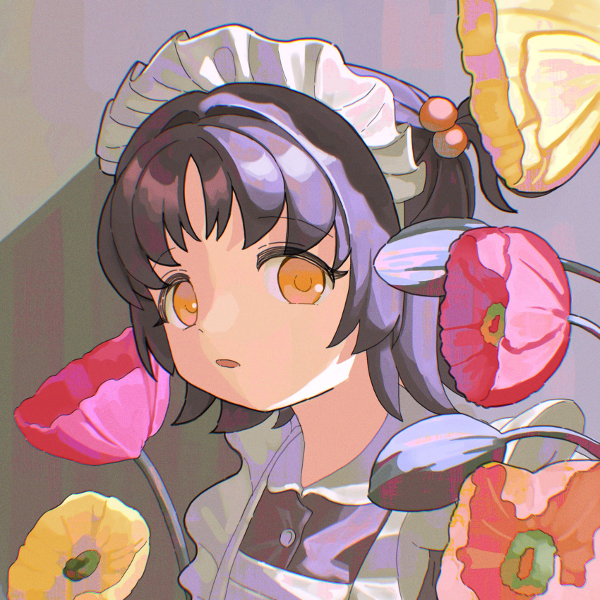 1girl apron bud buttons collared_dress dress flower hair_bobbles hair_ornament highres kagenoyuhi looking_at_viewer maid maid_apron maid_headdress orange_flower original parted_lips portrait red_flower short_hair solo yellow_eyes yellow_flower