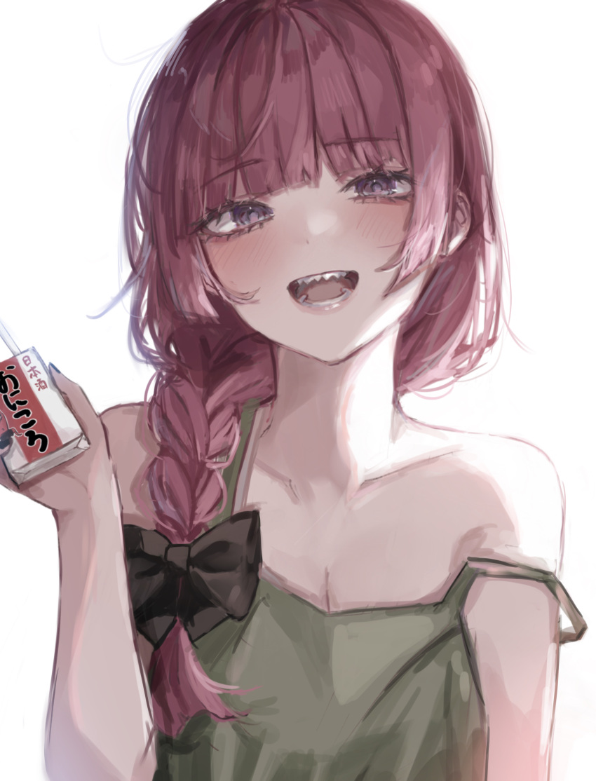 1girl absurdres alcohol_carton bare_shoulders blush bocchi_the_rock! braid dress green_dress hair_over_shoulder haruharu_12_31 highres hiroi_kikuri holding_carton long_hair looking_at_viewer open_mouth purple_hair sharp_teeth simple_background smile solo strap_slip teeth upper_body violet_eyes white_background