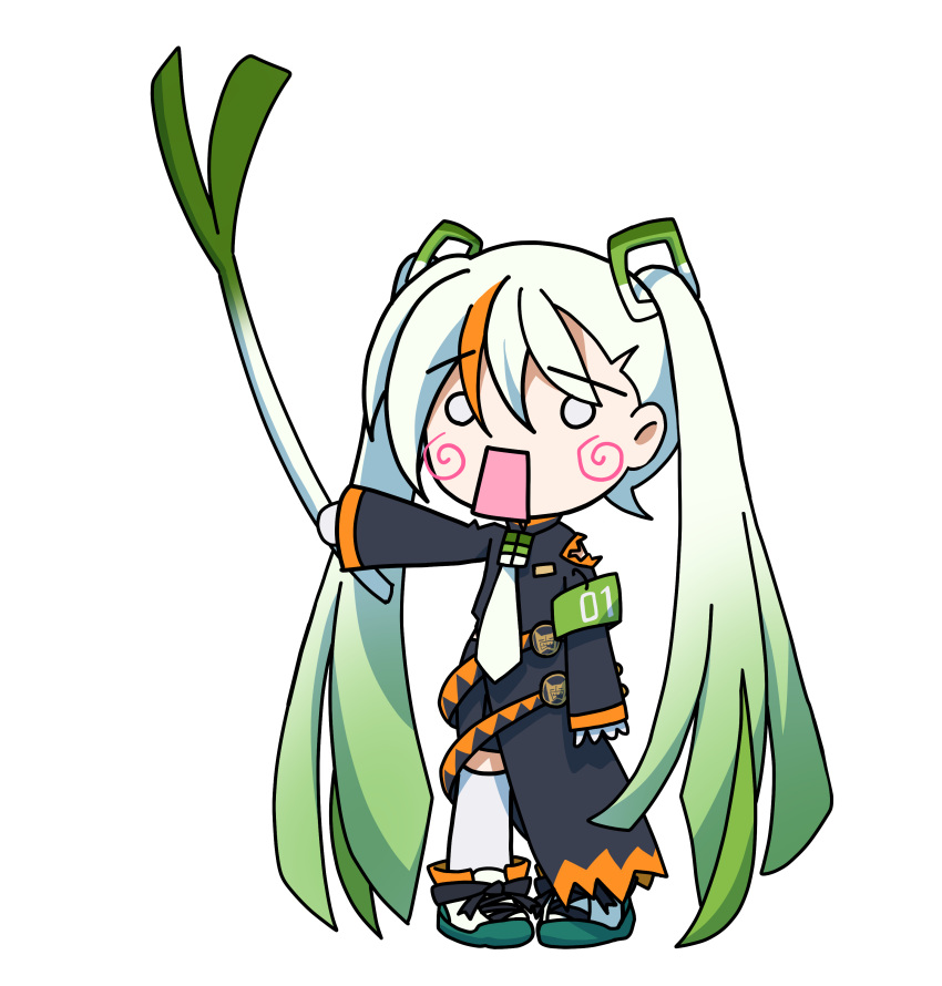 1girl absurdres aosaki_yato armband belt black_jacket blush_stickers chibi commentary delinquent fighting_miku_(project_voltage) food gradient_hair green_hair hachune_miku hatsune_miku highres holding holding_food holding_spring_onion holding_vegetable jacket leekspin_(meme) long_hair meme miku_miku_ni_shite_ageru_(vocaloid) multicolored_hair necktie o_o open_mouth pokemon project_voltage shoes simple_background sneakers spring_onion thigh-highs twintails vegetable very_long_hair vocaloid white_background white_hair white_necktie white_thighhighs