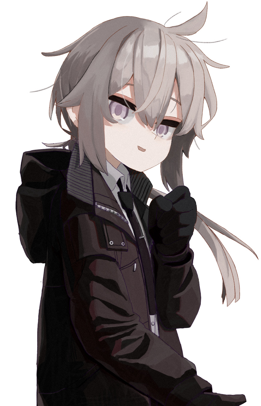 1girl ahoge black_gloves black_jacket black_necktie collared_shirt girls_frontline gloves grey_eyes grey_hair hair_between_eyes hand_up highres hood hooded_jacket jacket long_hair looking_at_viewer m200_(girls'_frontline) messy_hair meta0614 necktie open_mouth ponytail shirt simple_background solo upper_body white_background white_shirt