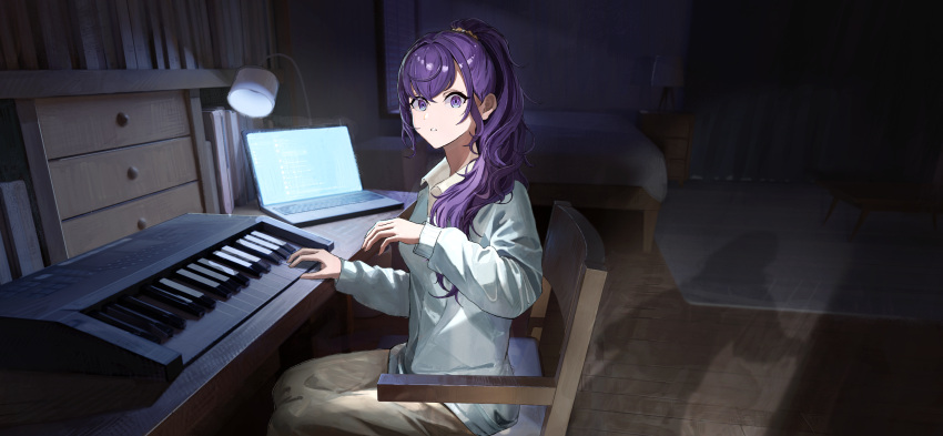 2girls asahina_mafuyu asahina_mafuyu's_mother blue_cardigan book cardigan chair coffee_table commentary computer curtains desk_lamp drawer enokata highres instrument lamp laptop multiple_girls open_door pants parted_lips ponytail project_sekai purple_hair scrunchie shadow shirt sidelocks sitting surprised synthesizer table violet_eyes wide-eyed window yellow_pants yellow_scrunchie yellow_shirt