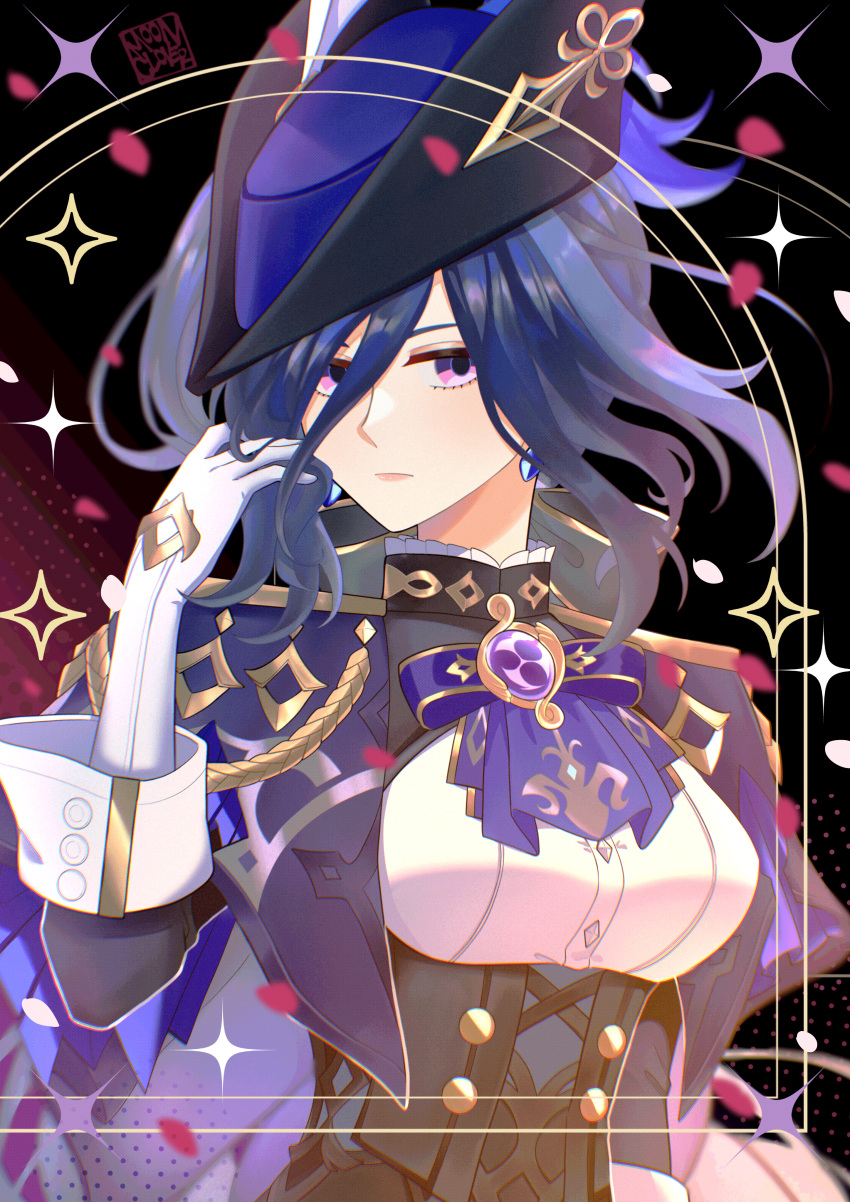1girl absurdres ascot black_corset black_hair blue_ascot blue_hair blue_hat breasts clorinde_(genshin_impact) commentary corset epaulettes genshin_impact gloves hat hat_feather highres jewelry long_hair looking_at_viewer moonieclover purple_ascot shirt solo tricorne upper_body very_long_hair violet_eyes white_gloves white_shirt