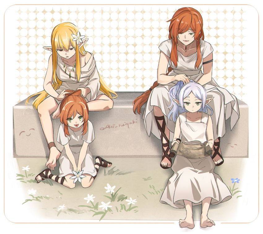 3girls aged_down aki_(neyuki41028) anklet armlet barefoot block_(object) blonde_hair braid braided_ponytail closed_mouth dot_mouth dress elf flamme_(sousou_no_frieren) frieren gem gladiator_sandals green_eyes jewelry long_dress long_hair multiple_girls necklace open_mouth pointy_ears ponytail redhead sandals serie_(sousou_no_frieren) short_dress short_sleeves sidelocks single_sleeve sitting sleeveless sleeveless_dress smile sousou_no_frieren twitter_username tying_another's_hair very_long_hair white_dress white_hair yellow_eyes