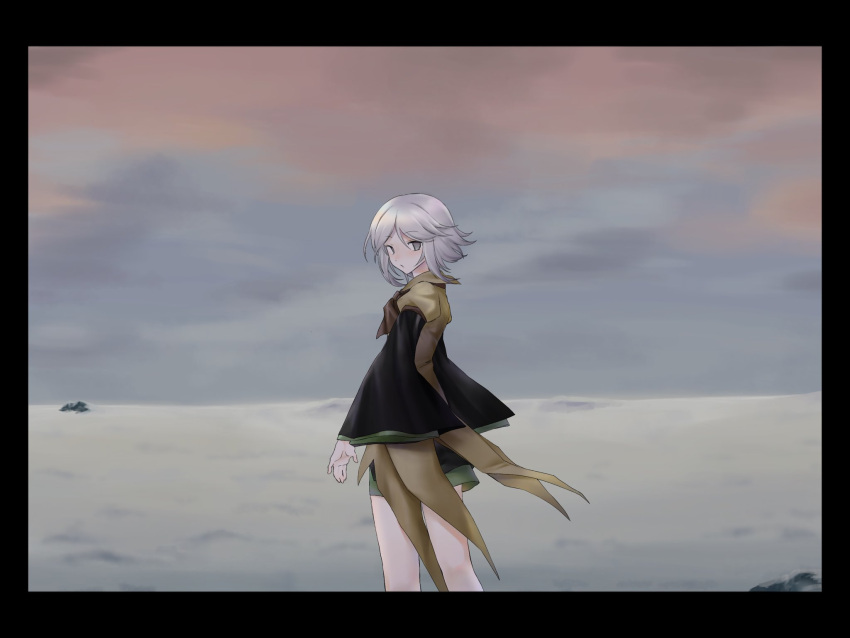 1other androgynous ascot brown_coat coat gas_wf grey_eyes grey_hair highres houlen_yabusame layered_sleeves len'en long_sleeves looking_back other_focus short_hair short_hair_with_long_locks short_over_long_sleeves short_sleeves shorts snow solo