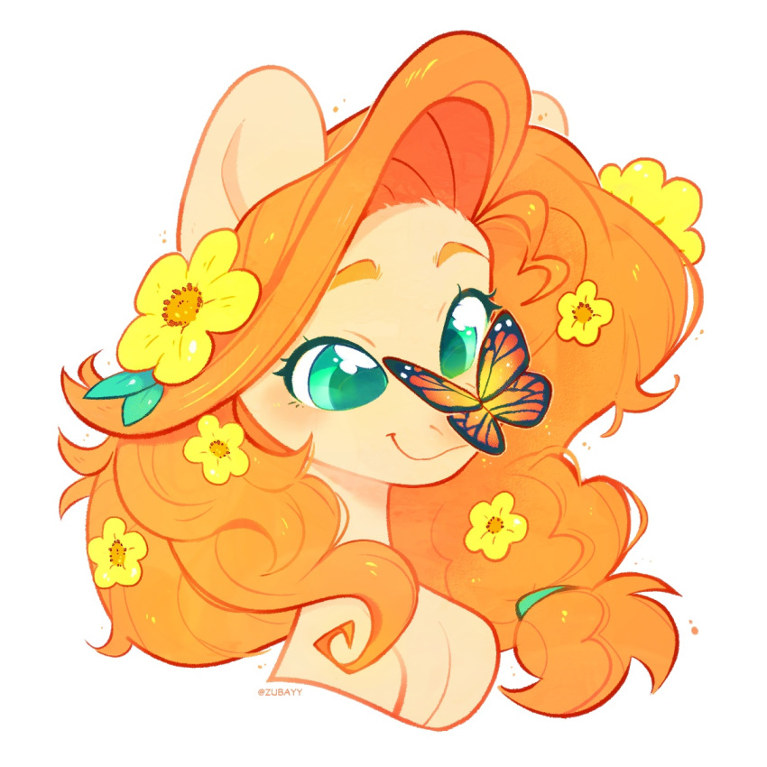 1girl artist_name bug butterfly butterfly_on_nose flower green_eyes hair_flower hair_ornament highres long_hair my_little_pony my_little_pony:_friendship_is_magic no_humans orange_butterfly orange_hair pear_butter_(mlp) pony_(animal) portrait simple_background solo white_background yellow_flower yellow_fur zubastyypersik