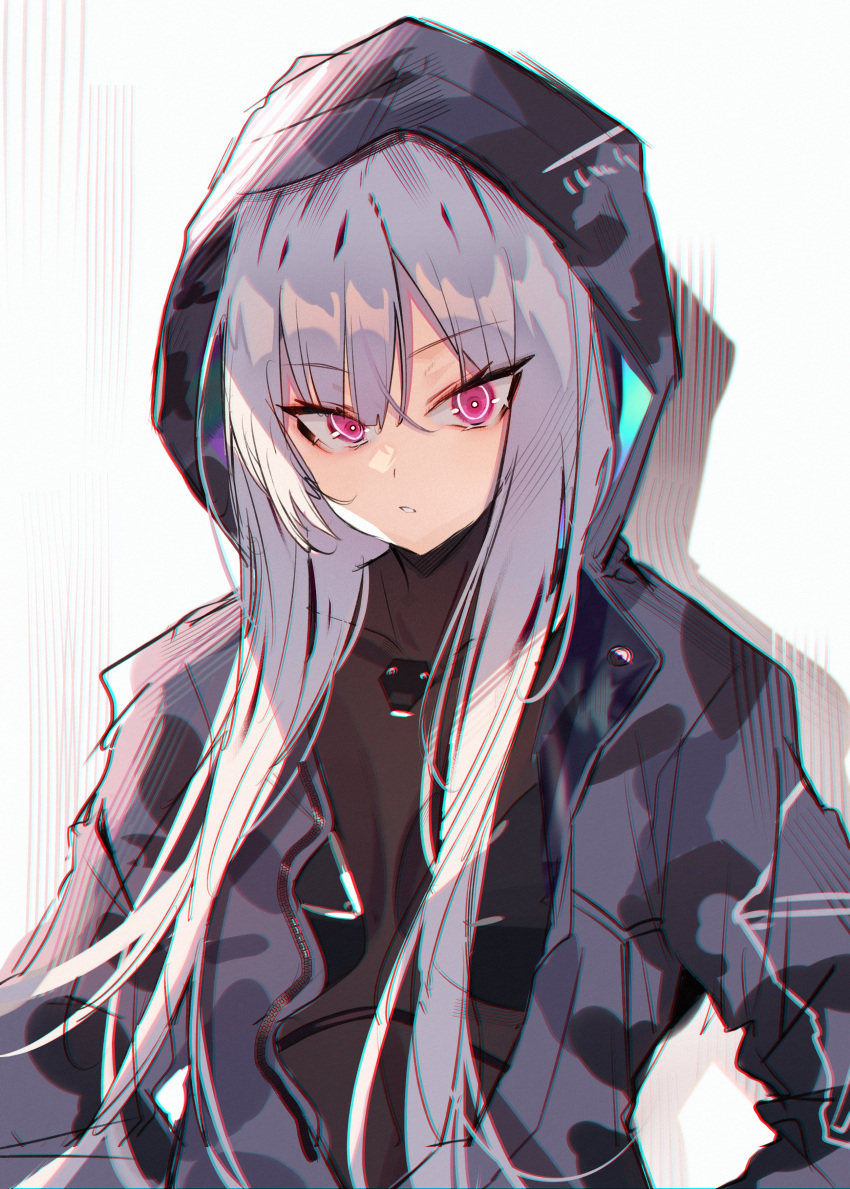 1girl absurdres ak-12_(faint_light_of_furthest_day)_(girls'_frontline) ak-12_(girls'_frontline) black_bodysuit bodysuit camouflage camouflage_jacket girls_frontline grey_hair grey_jacket highres hood hood_up hooded_jacket jacket long_hair looking_at_viewer open_clothes open_jacket simple_background solo soukou_makura upper_body violet_eyes