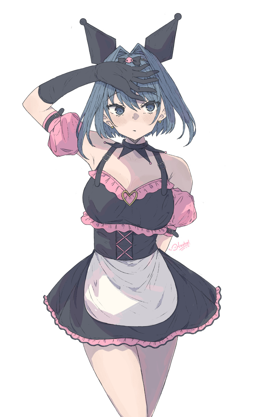 1girl absurdres alternate_costume apron arms_up belt black_gloves blue_eyes blue_hair bow detached_sleeves earrings elbow_gloves gloves haekel hair_bow hair_intakes hair_ornament highres hololive hololive_english jewelry looking_at_viewer maid_apron ouro_kronii short_hair skull_hair_ornament solo stud_earrings virtual_youtuber white_background